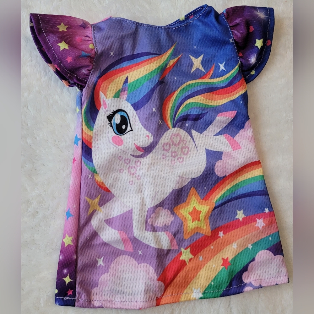 Unicorn Rainbow Dress for Dolls – Colorful Galaxy Print with Ruffle Sleeves